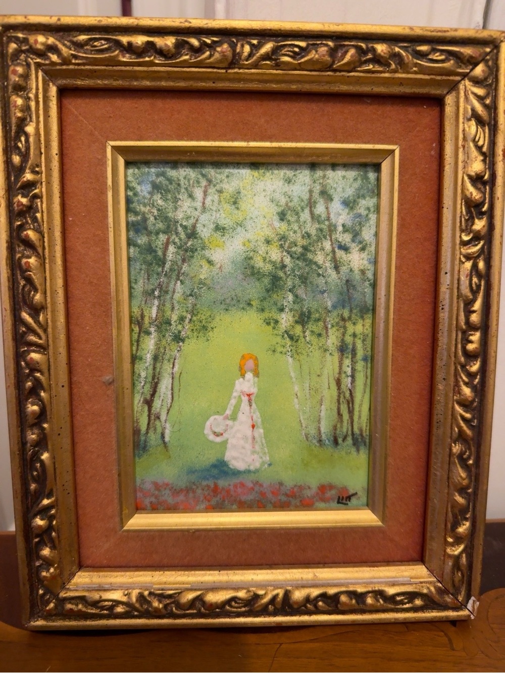 Walt Litt Signed Enamel on Copper Girl in Forest Painting
